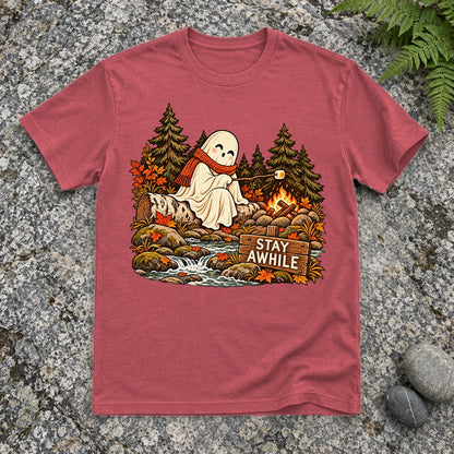 Stay Awhile Campfire Ghost Graphic Tee on Heather Red Everyday Soft Tee