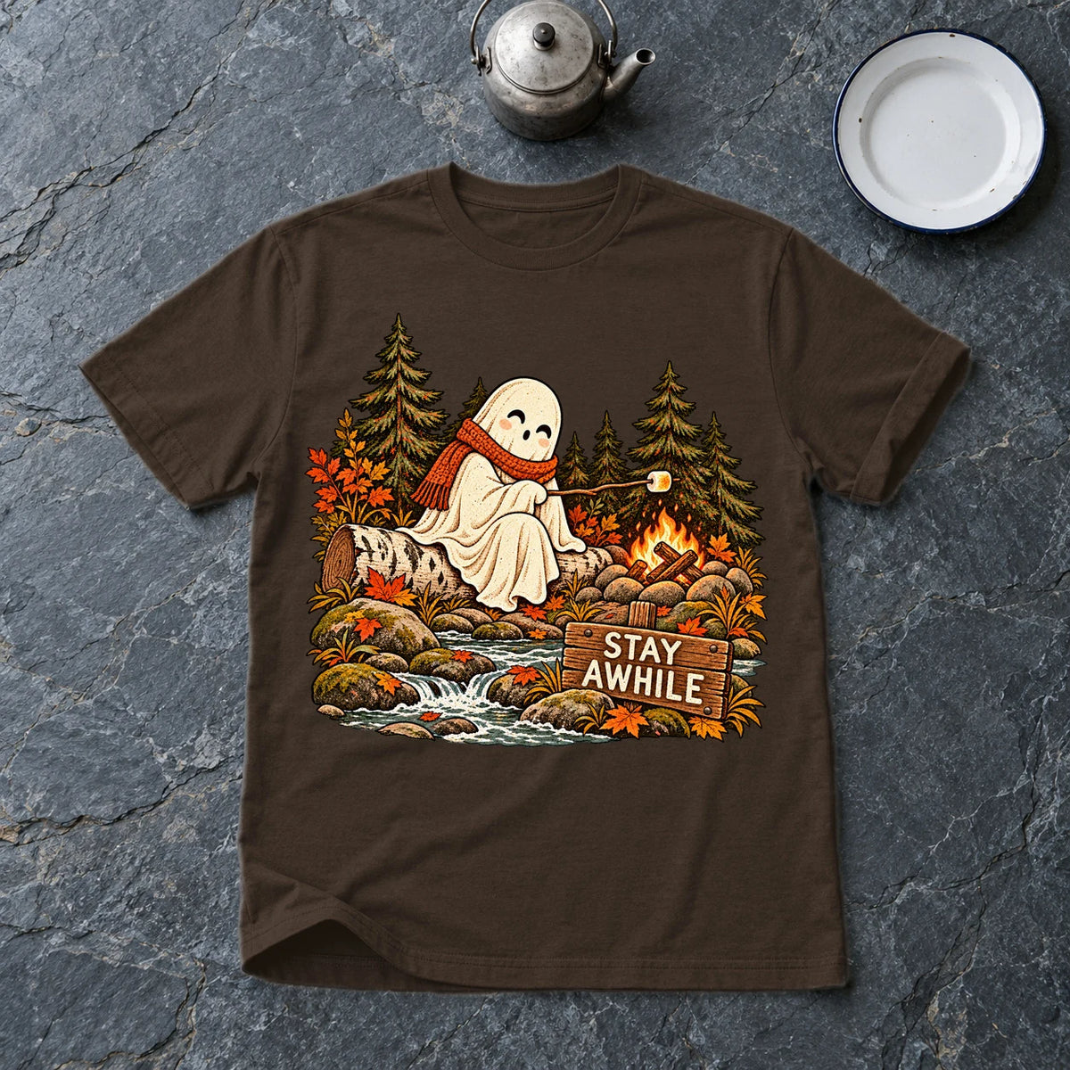 Stay Awhile Campfire Ghost Graphic Tee on Dark Chocolate Everyday Soft Tee