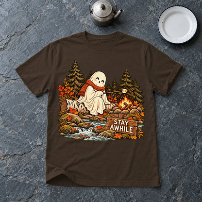 Stay Awhile Campfire Ghost Graphic Tee on Dark Chocolate Everyday Soft Tee