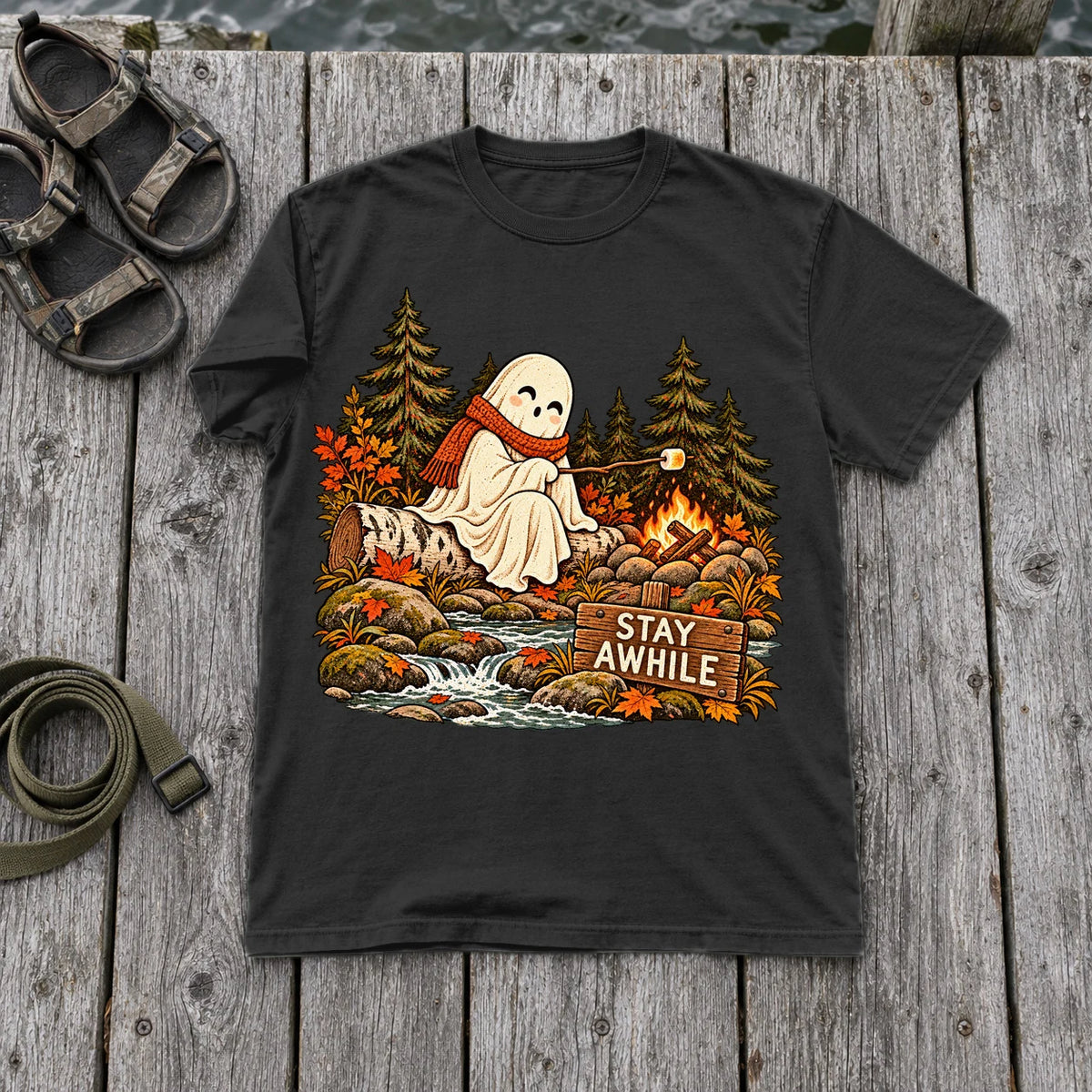 Stay Awhile Campfire Ghost Graphic Tee on Black Premium Tee