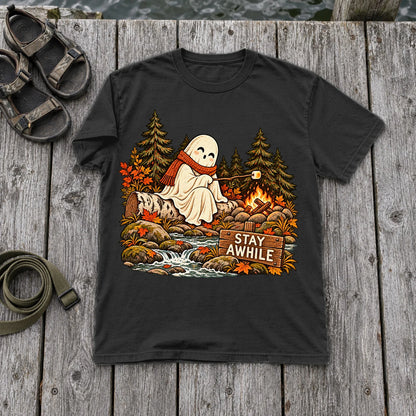 Stay Awhile Campfire Ghost Graphic Tee on Black Premium Tee