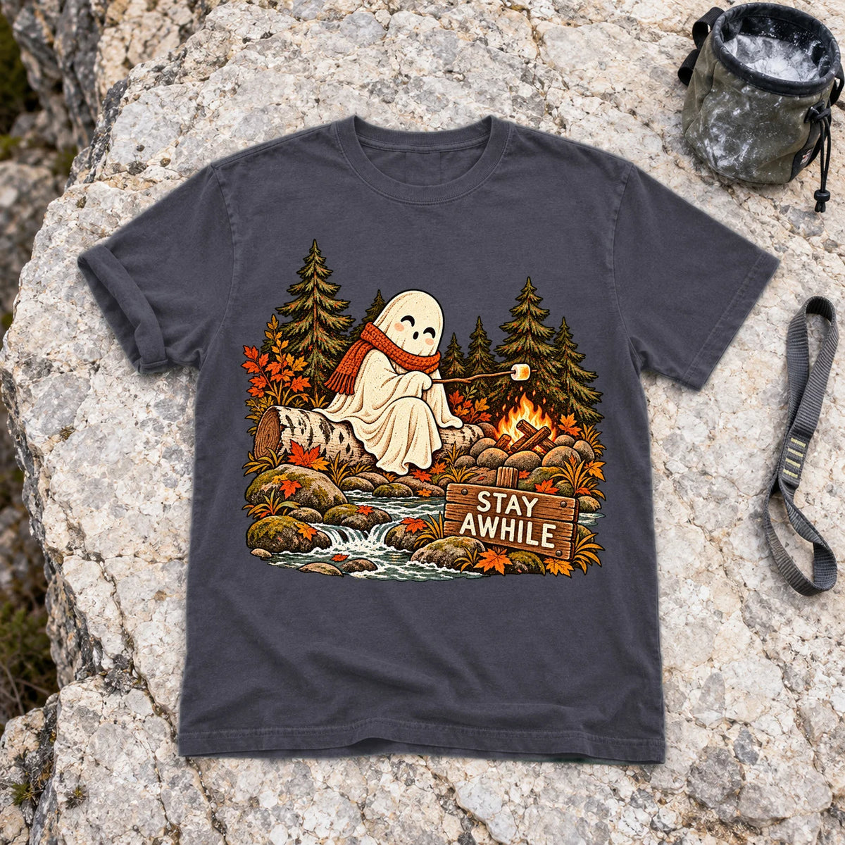 Stay Awhile Campfire Ghost Graphic Tee on Navy Premium Tee