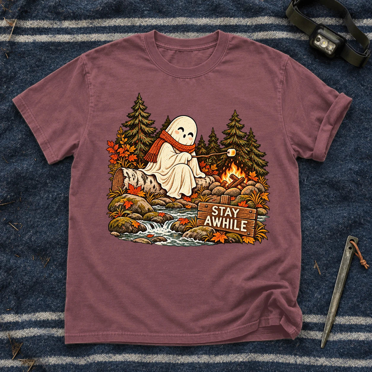 Stay Awhile Campfire Ghost Graphic Tee on Brick Premium Tee