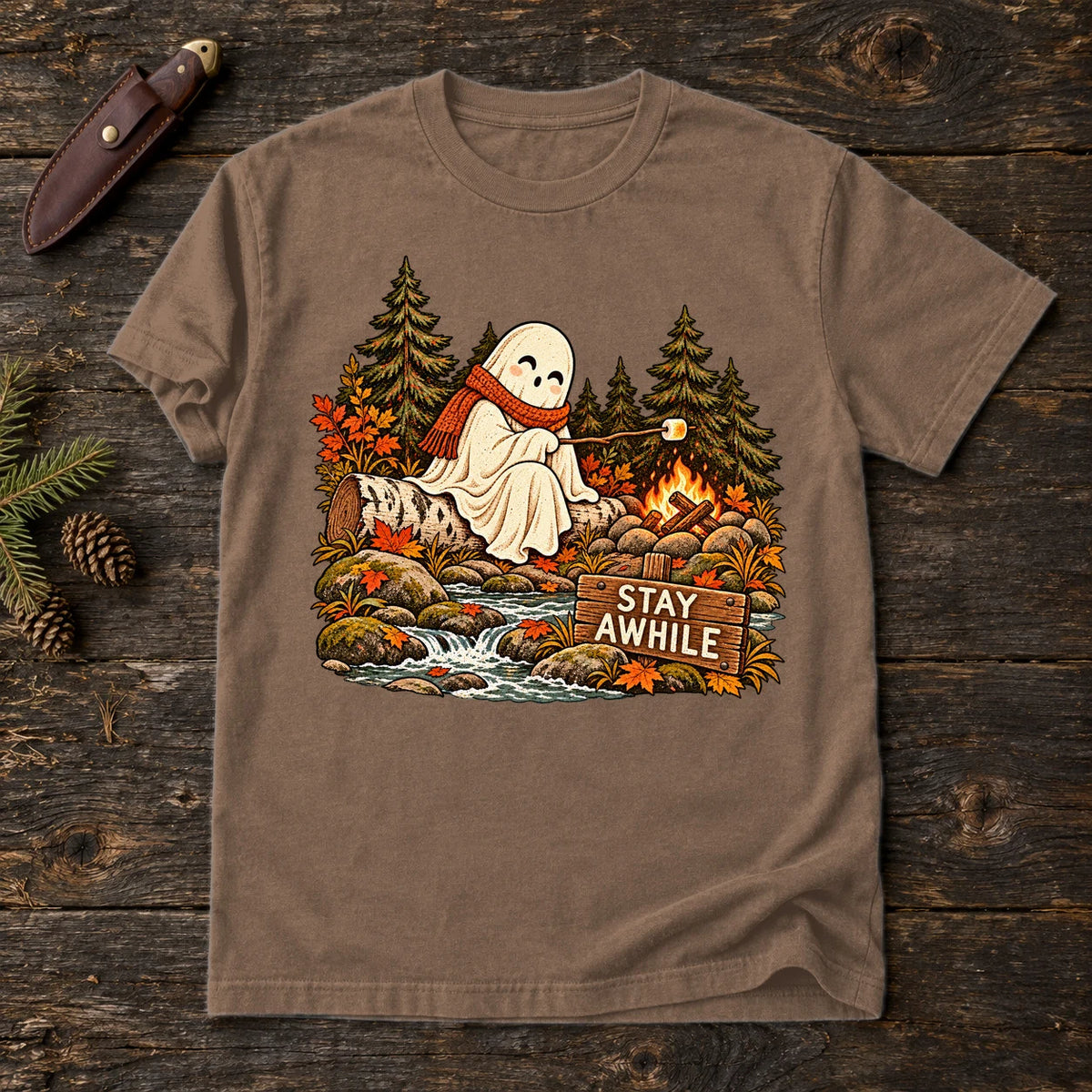 Stay Awhile Campfire Ghost Graphic Tee on Espresso Premium Tee