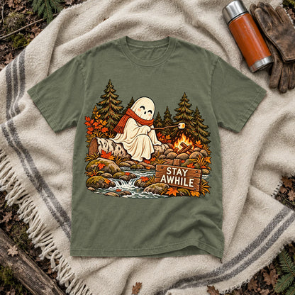 Stay Awhile Campfire Ghost Graphic Tee on Moss Premium Tee
