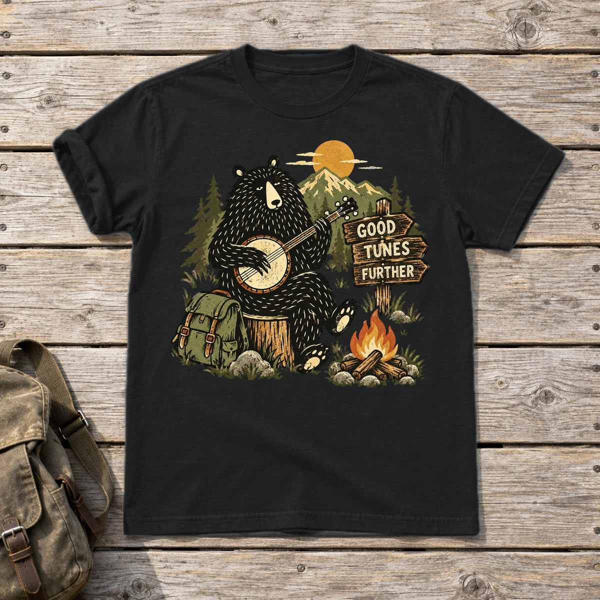 Good Tunes Further Banjo Bear Graphic Tee on Black Everyday Soft Tee