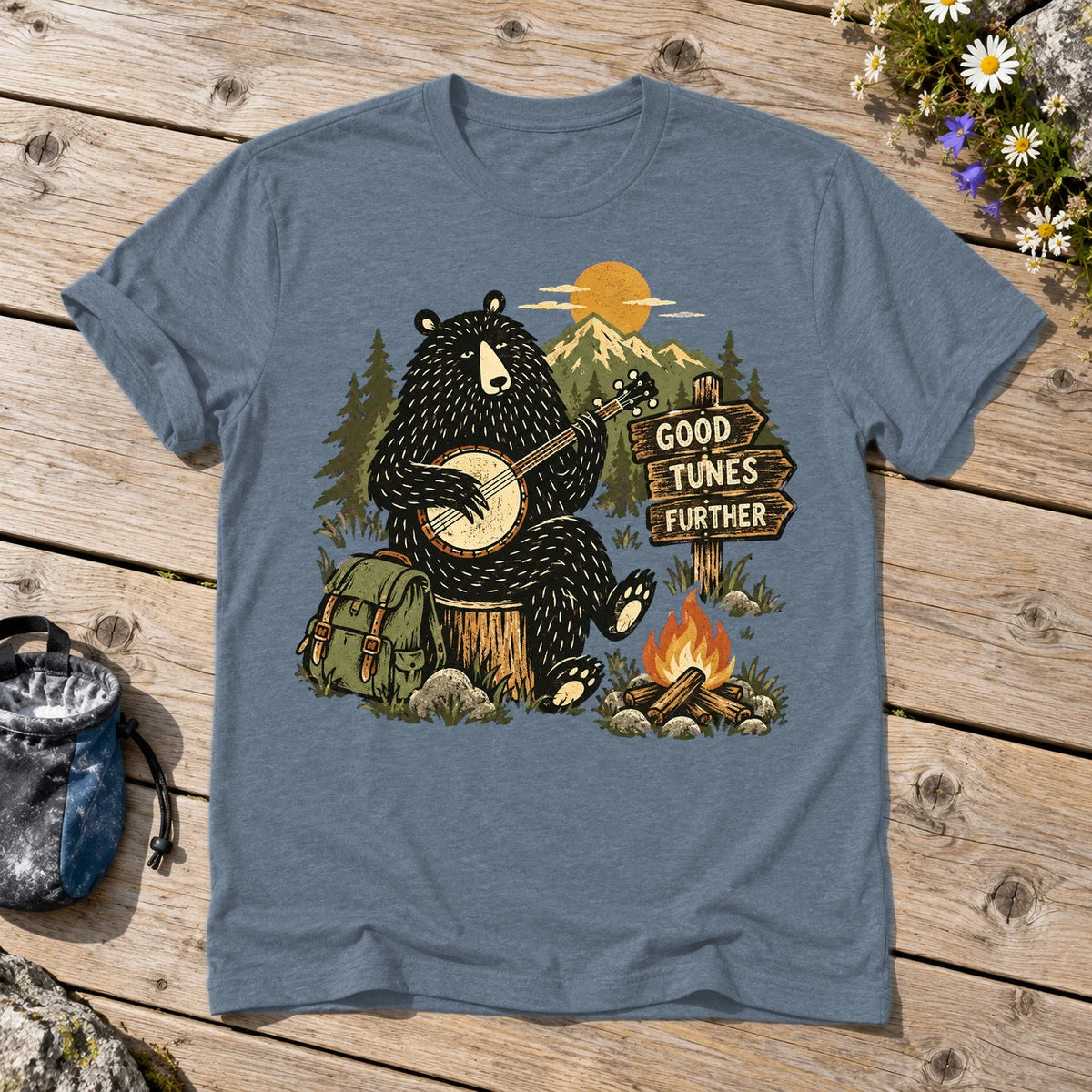 Good Tunes Further Banjo Bear Graphic Tee on Heather Indigo Everyday Soft Tee