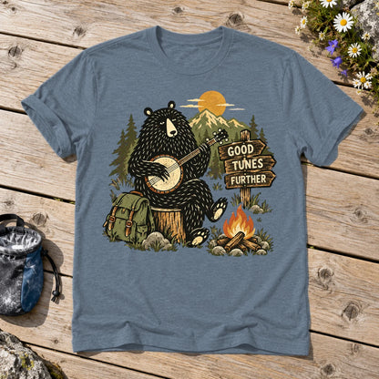 Good Tunes Further Banjo Bear Graphic Tee on Heather Indigo Everyday Soft Tee