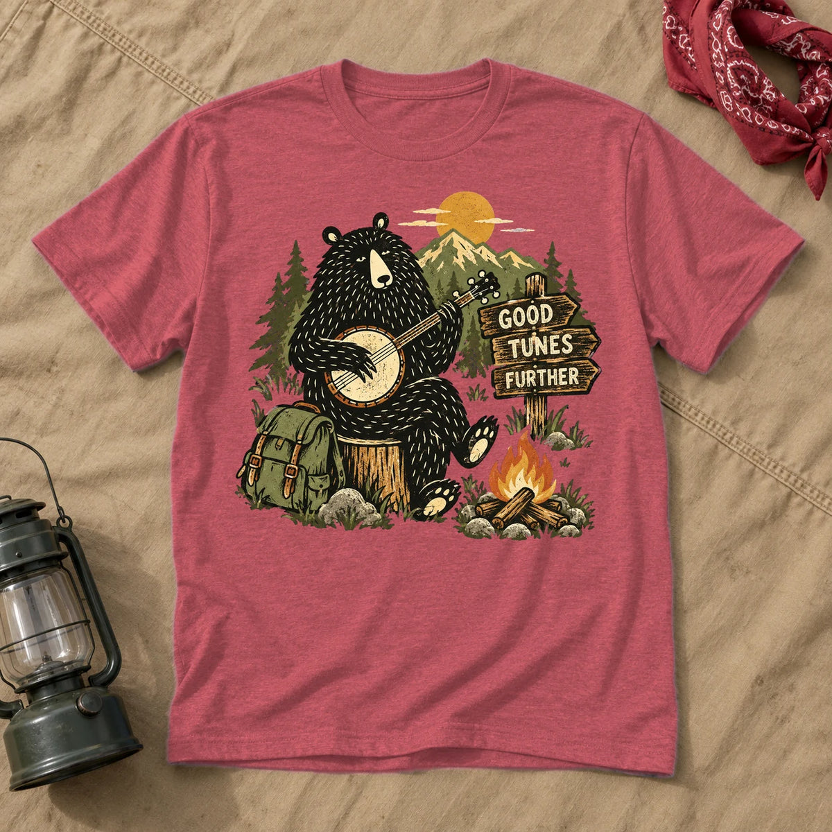 Good Tunes Further Banjo Bear Graphic Tee on Heather Red Everyday Soft Tee
