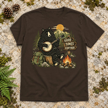 Good Tunes Further Banjo Bear Graphic Tee on Dark Chocolate Everyday Soft Tee