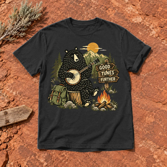 Good Tunes Further Banjo Bear Graphic Tee on Black Premium Tee