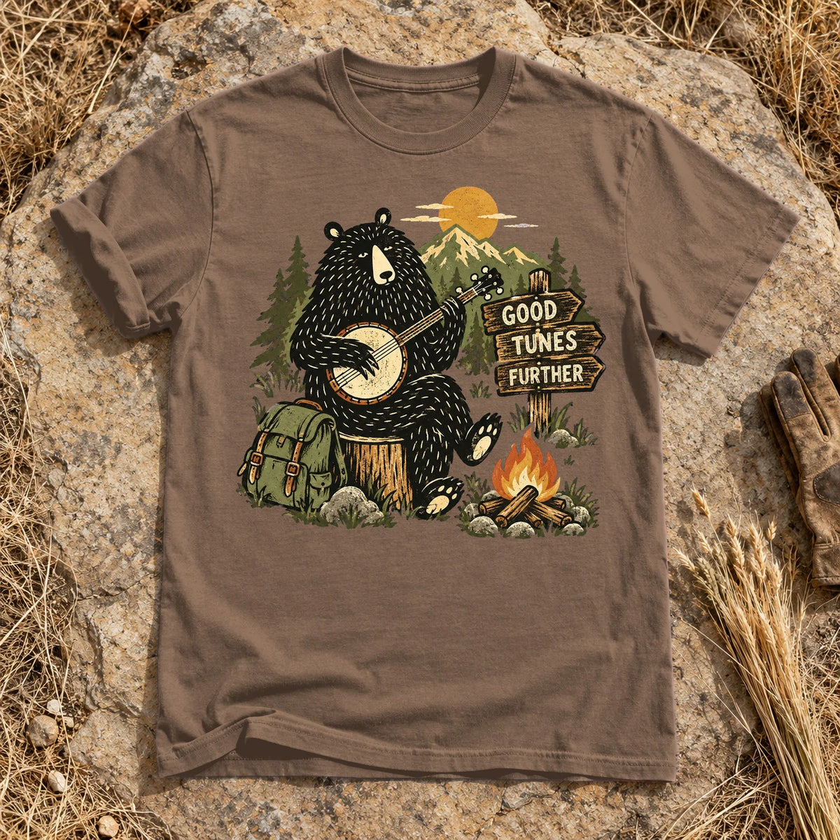 Good Tunes Further Banjo Bear Graphic Tee on Espresso Premium Tee