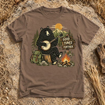 Good Tunes Further Banjo Bear Graphic Tee on Espresso Premium Tee