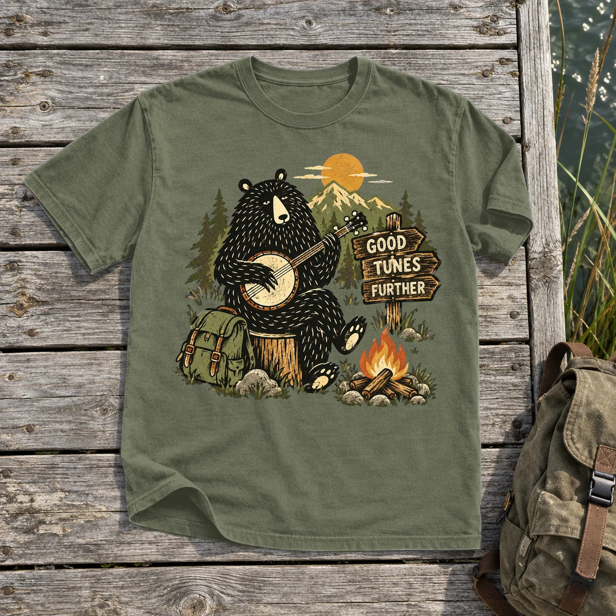 Good Tunes Further Banjo Bear Graphic Tee on Moss Premium Tee