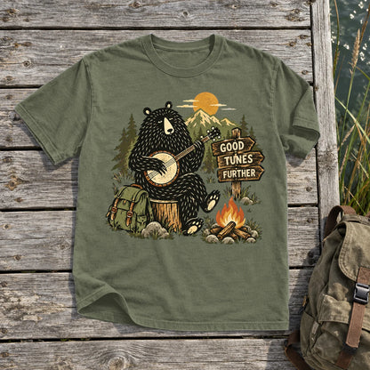 Good Tunes Further Banjo Bear Graphic Tee on Moss Premium Tee