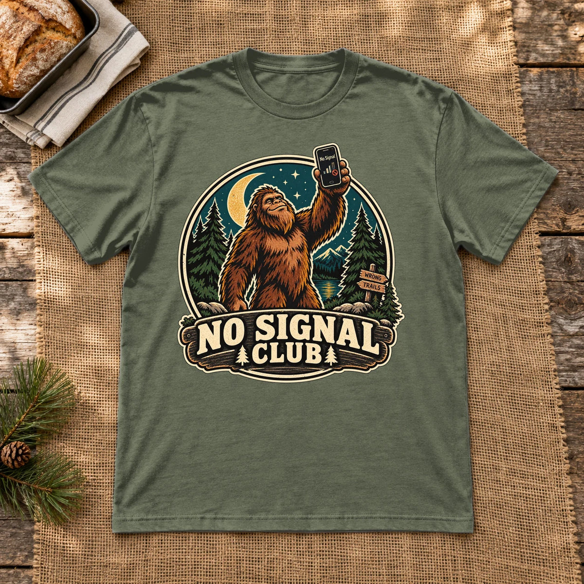 No Signal Club Bigfoot Graphic Tee on Military Green Everyday Soft Tee