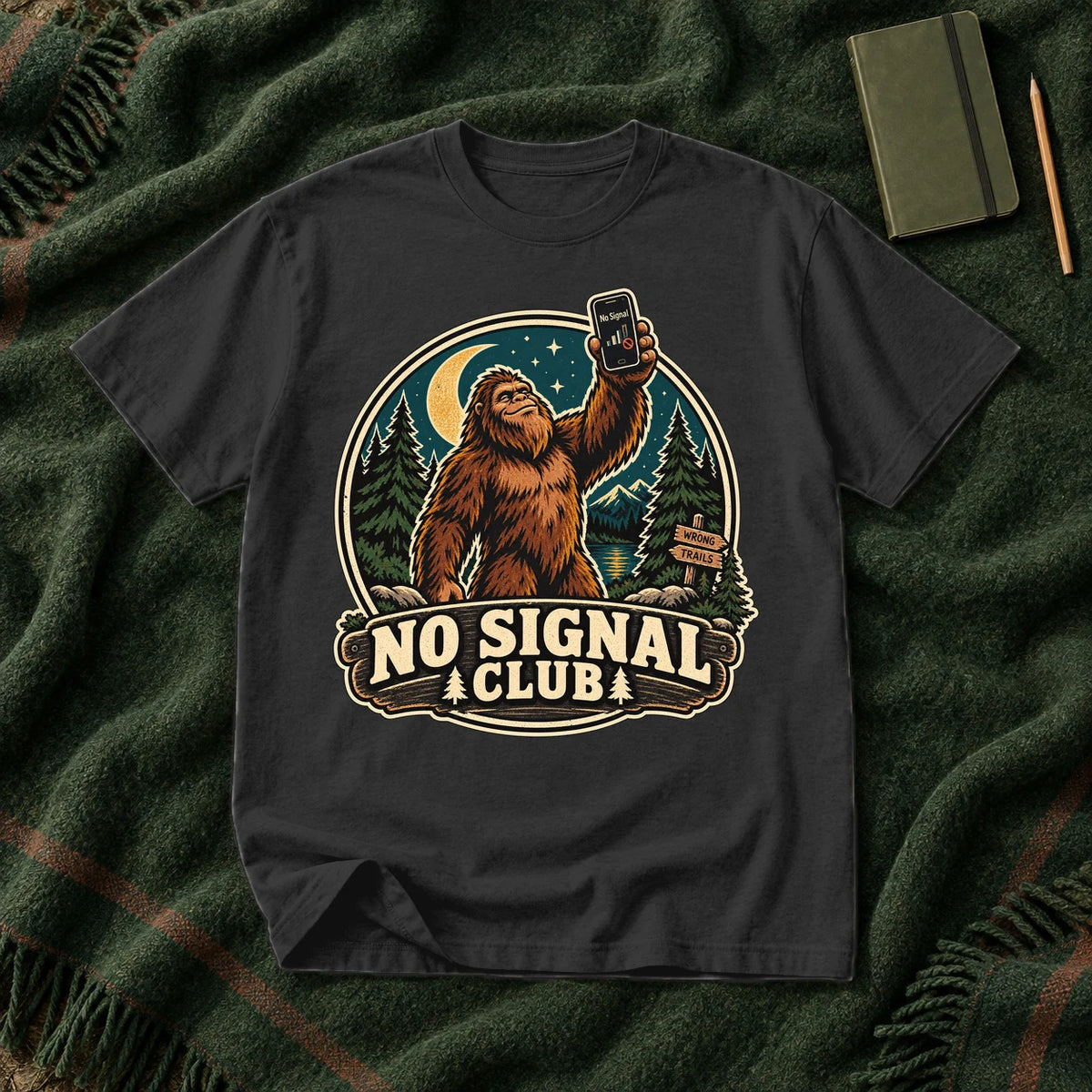 No Signal Club Bigfoot Graphic Tee on Black Premium Tee