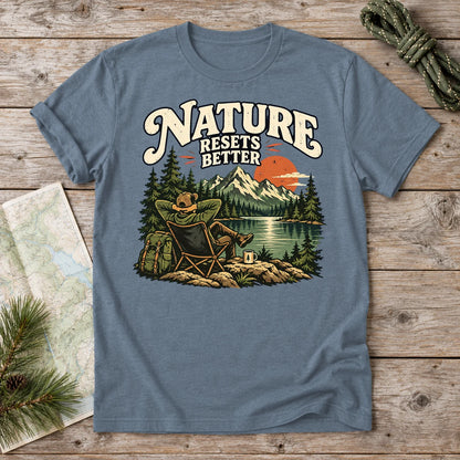 Nature Resets Better Graphic Tee on Heather Indigo Everyday Soft Tee