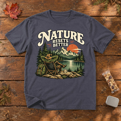 Nature Resets Better Graphic Tee on Navy Premium Tee