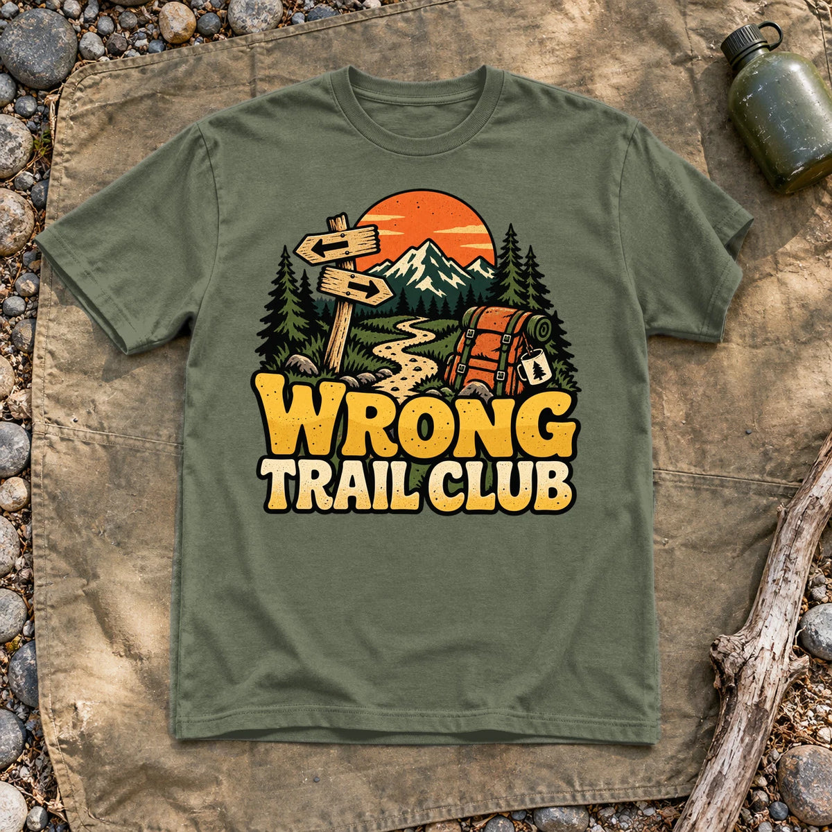 Wrong Trail Club Graphic Tee on Military Green Everyday Soft Tee