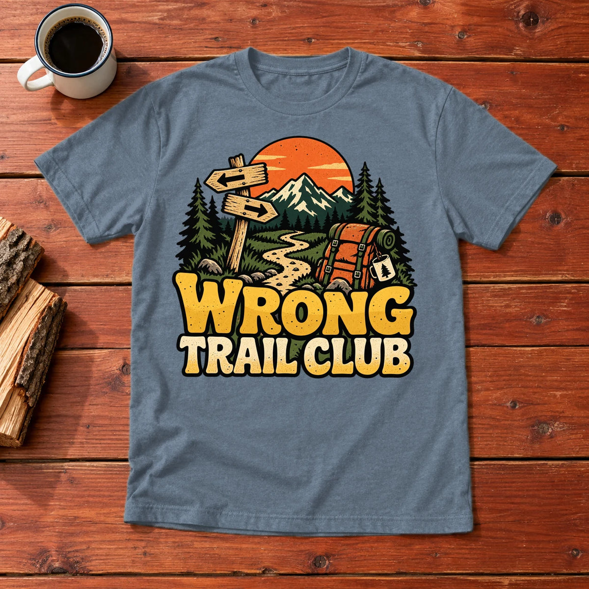 Wrong Trail Club Graphic Tee on Heather Indigo Everyday Soft Tee