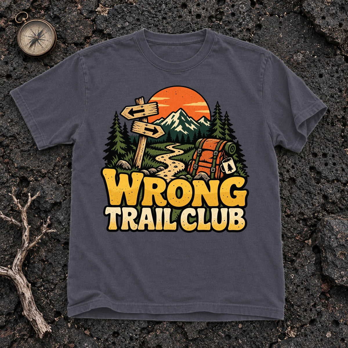 Wrong Trail Club Graphic Tee on Navy Premium Tee