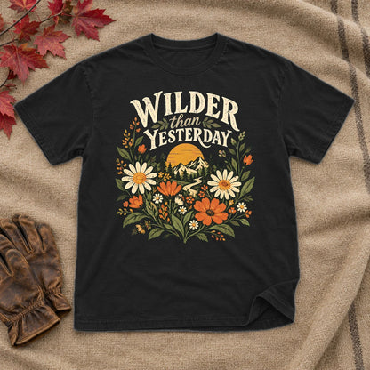 Wilder Than Yesterday Retro Wildflower Graphic Tee on Black Everyday Soft Tee
