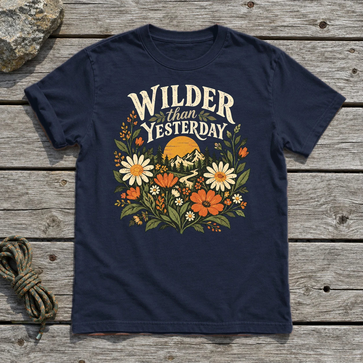 Wilder Than Yesterday Retro Wildflower Graphic Tee on Navy Everyday Soft Tee