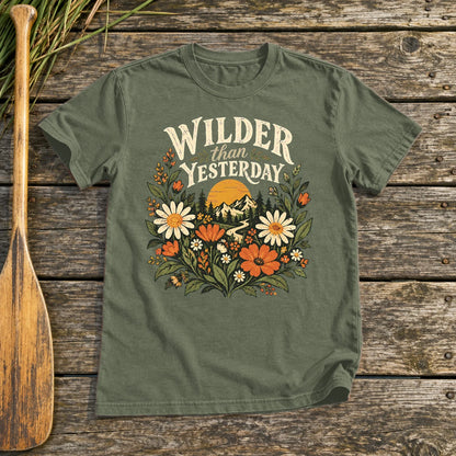 Wilder Than Yesterday Retro Wildflower Graphic Tee on Military Green Everyday Soft Tee