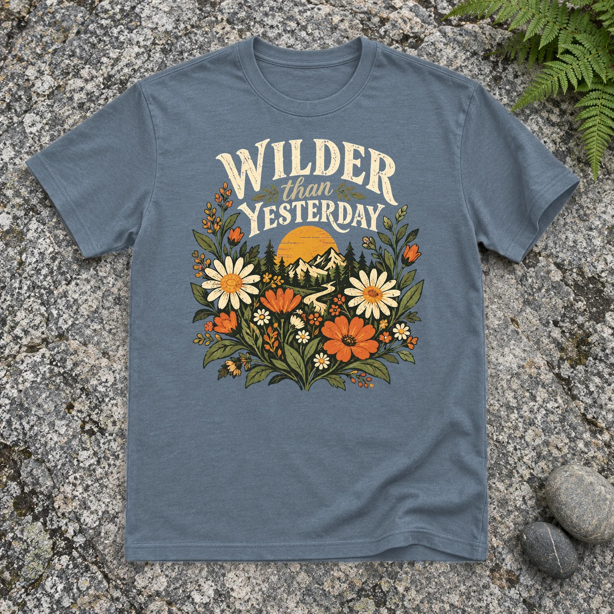 Wilder Than Yesterday Retro Wildflower Graphic Tee on Heather Indigo Everyday Soft Tee