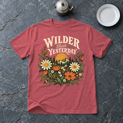 Wilder Than Yesterday Retro Wildflower Graphic Tee on Heather Red Everyday Soft Tee