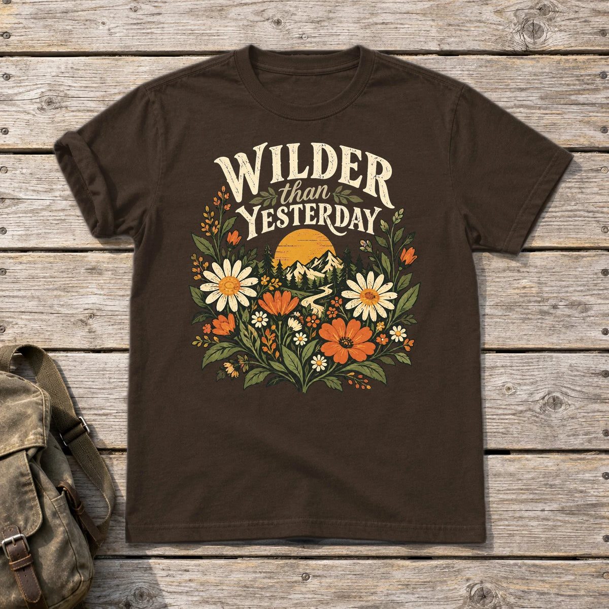 Wilder Than Yesterday Retro Wildflower Graphic Tee on Dark Chocolate Everyday Soft Tee