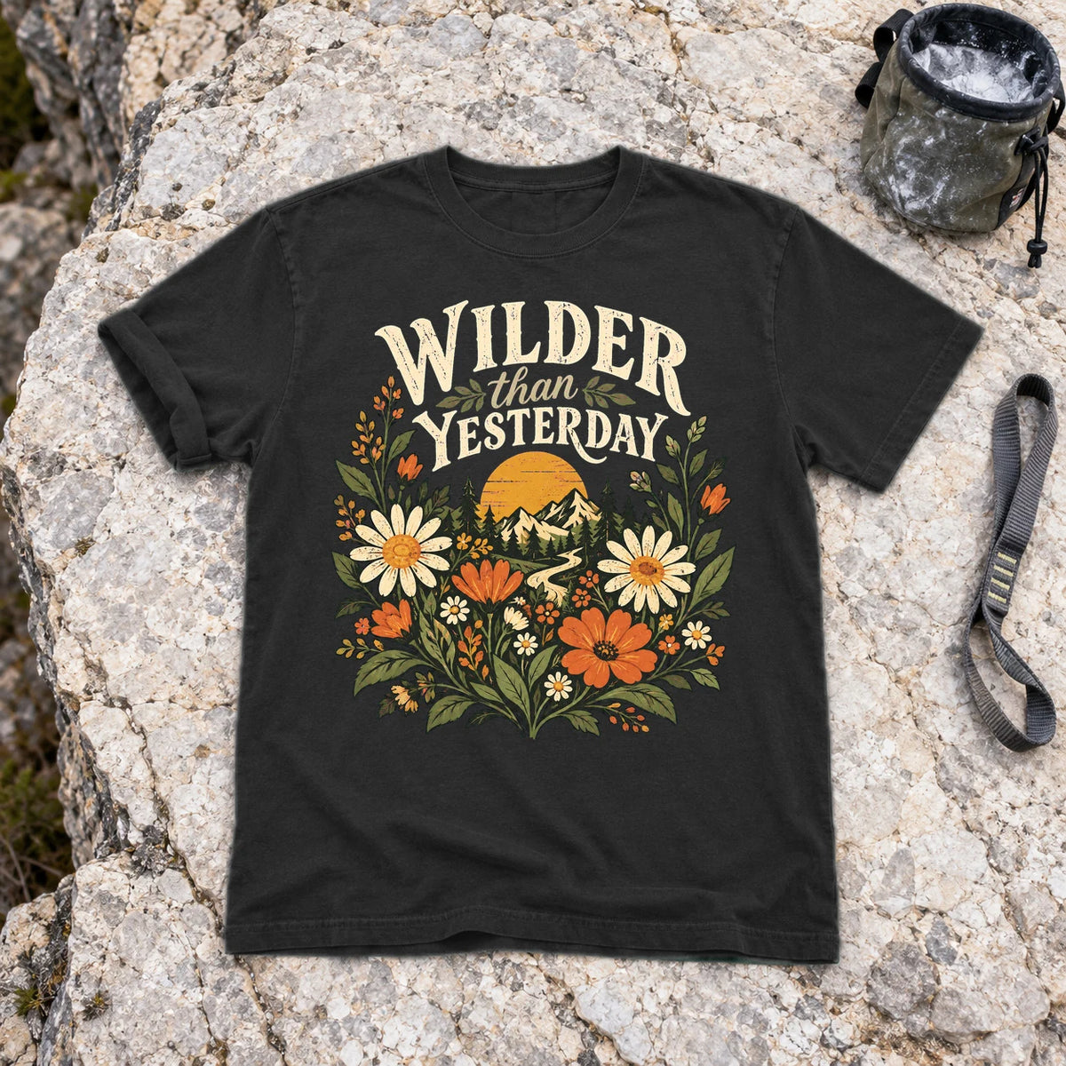 Wilder Than Yesterday Retro Wildflower Graphic Tee on Black Premium Tee