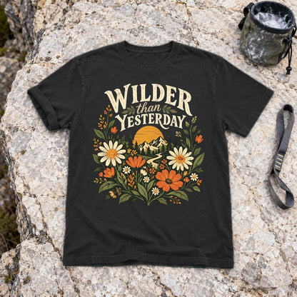 Wilder Than Yesterday Retro Wildflower Graphic Tee on Black Premium Tee