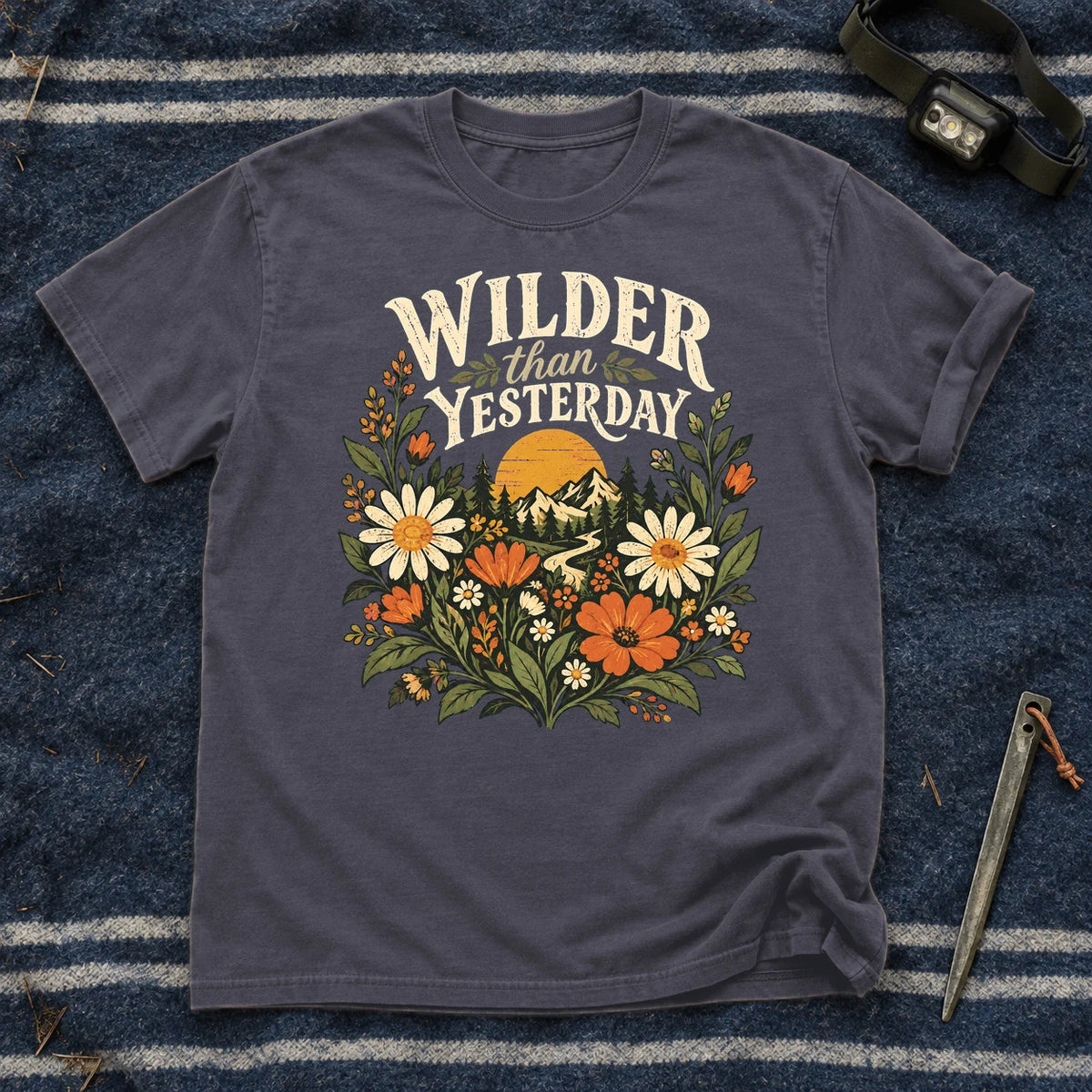 Wilder Than Yesterday Retro Wildflower Graphic Tee on Navy Premium Tee