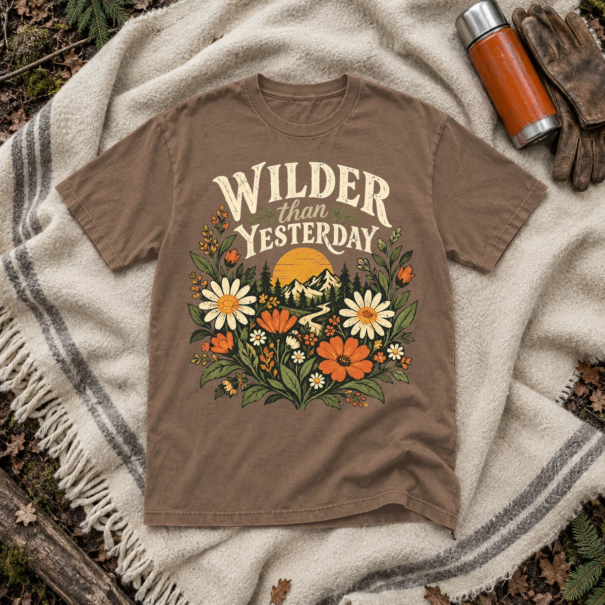 Wilder Than Yesterday Retro Wildflower Graphic Tee on Espresso Premium Tee
