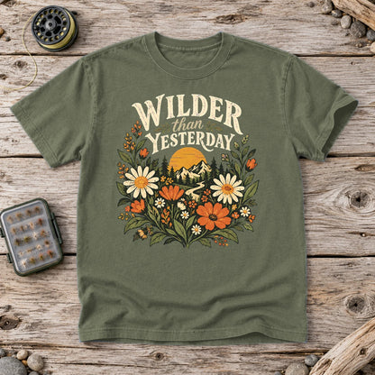 Wilder Than Yesterday Retro Wildflower Graphic Tee on Moss Premium Tee