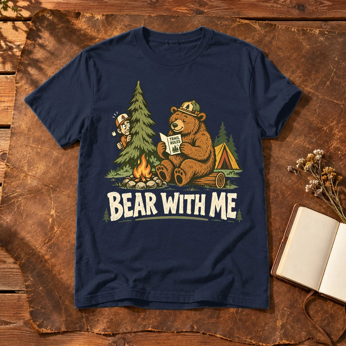 Bear With Me Camping Graphic Tee on Navy Everyday Soft Tee