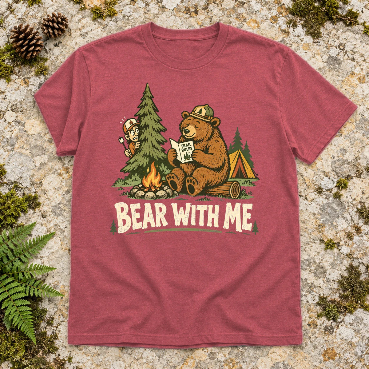Bear With Me Camping Graphic Tee on Heather Red Everyday Soft Tee
