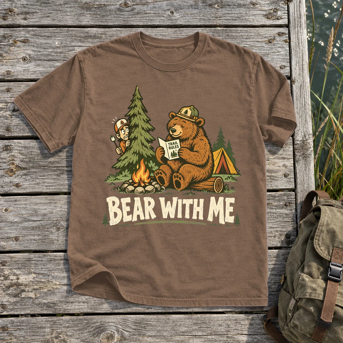 Bear With Me Camping Graphic Tee on Espresso Premium Tee