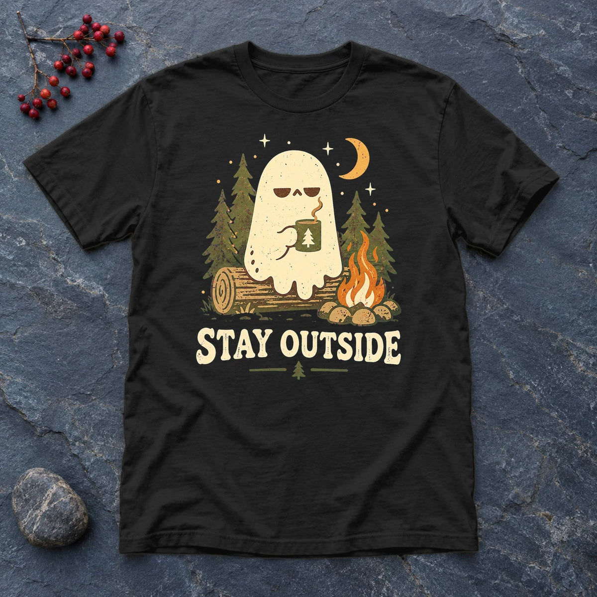 Stay Outside Campfire Ghost Graphic Tee on Black Everyday Soft Tee
