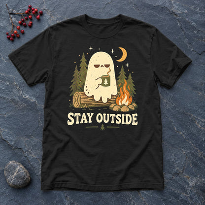 Stay Outside Campfire Ghost Graphic Tee on Black Everyday Soft Tee