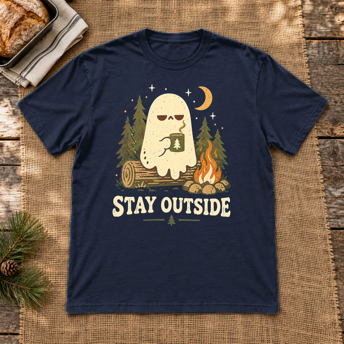 Stay Outside Campfire Ghost Graphic Tee on Navy Everyday Soft Tee