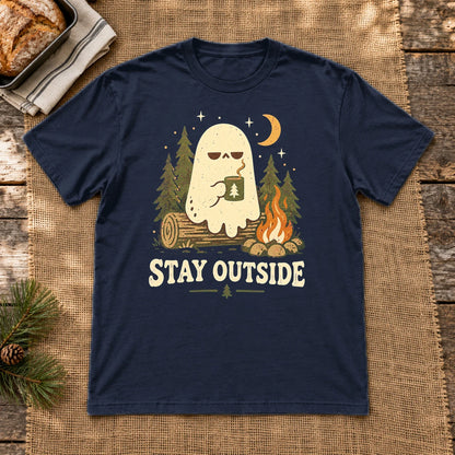 Stay Outside Campfire Ghost Graphic Tee on Navy Everyday Soft Tee