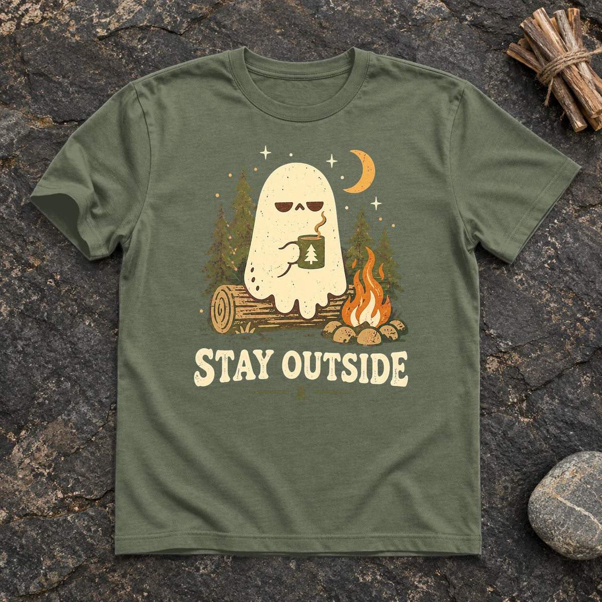 Stay Outside Campfire Ghost Graphic Tee on Military Green Everyday Soft Tee