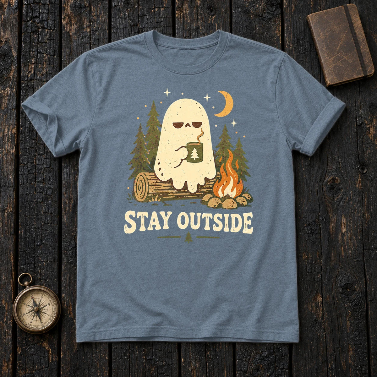Stay Outside Campfire Ghost Graphic Tee on Heather Indigo Everyday Soft Tee