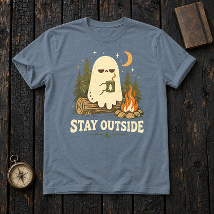 Stay Outside Campfire Ghost Graphic Tee on Heather Indigo Everyday Soft Tee