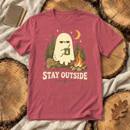 Stay Outside Campfire Ghost Graphic Tee on Heather Red Everyday Soft Tee