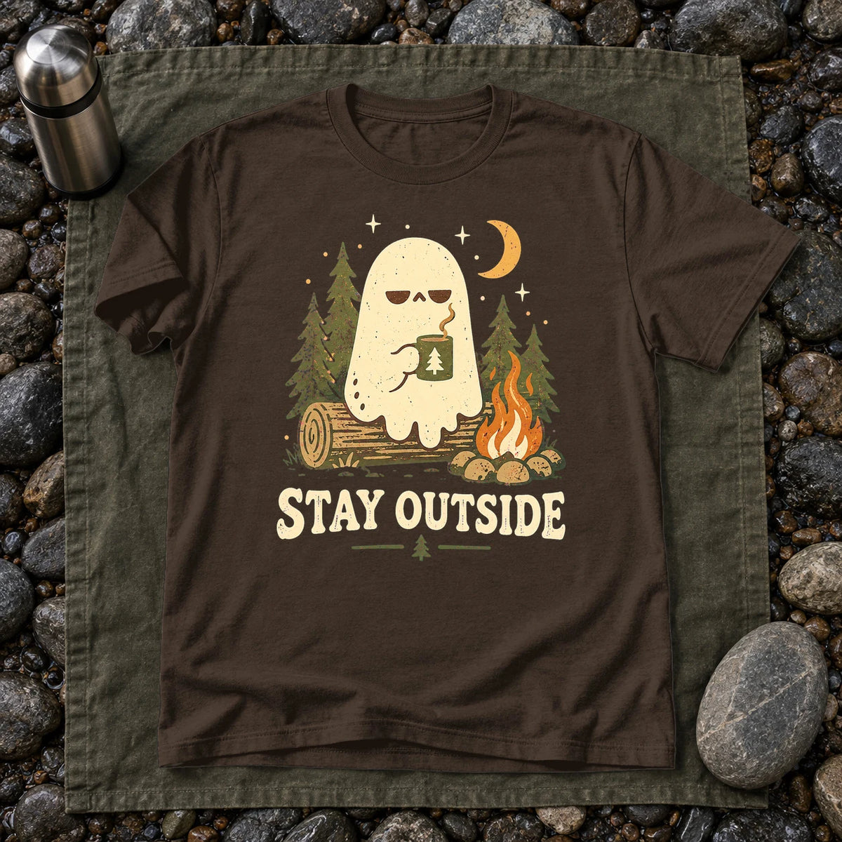 Stay Outside Campfire Ghost Graphic Tee on Dark Chocolate Everyday Soft Tee