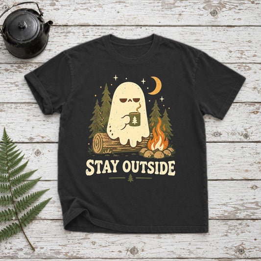 Stay Outside Campfire Ghost Graphic Tee on Black Premium Tee